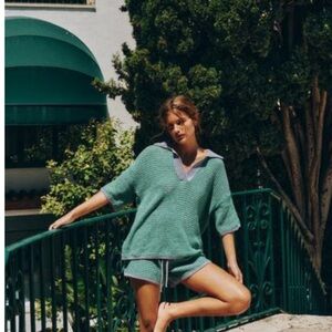 Zara Teal V-Neck Women's Short Sleeve Collared Sweater and Shorts Set